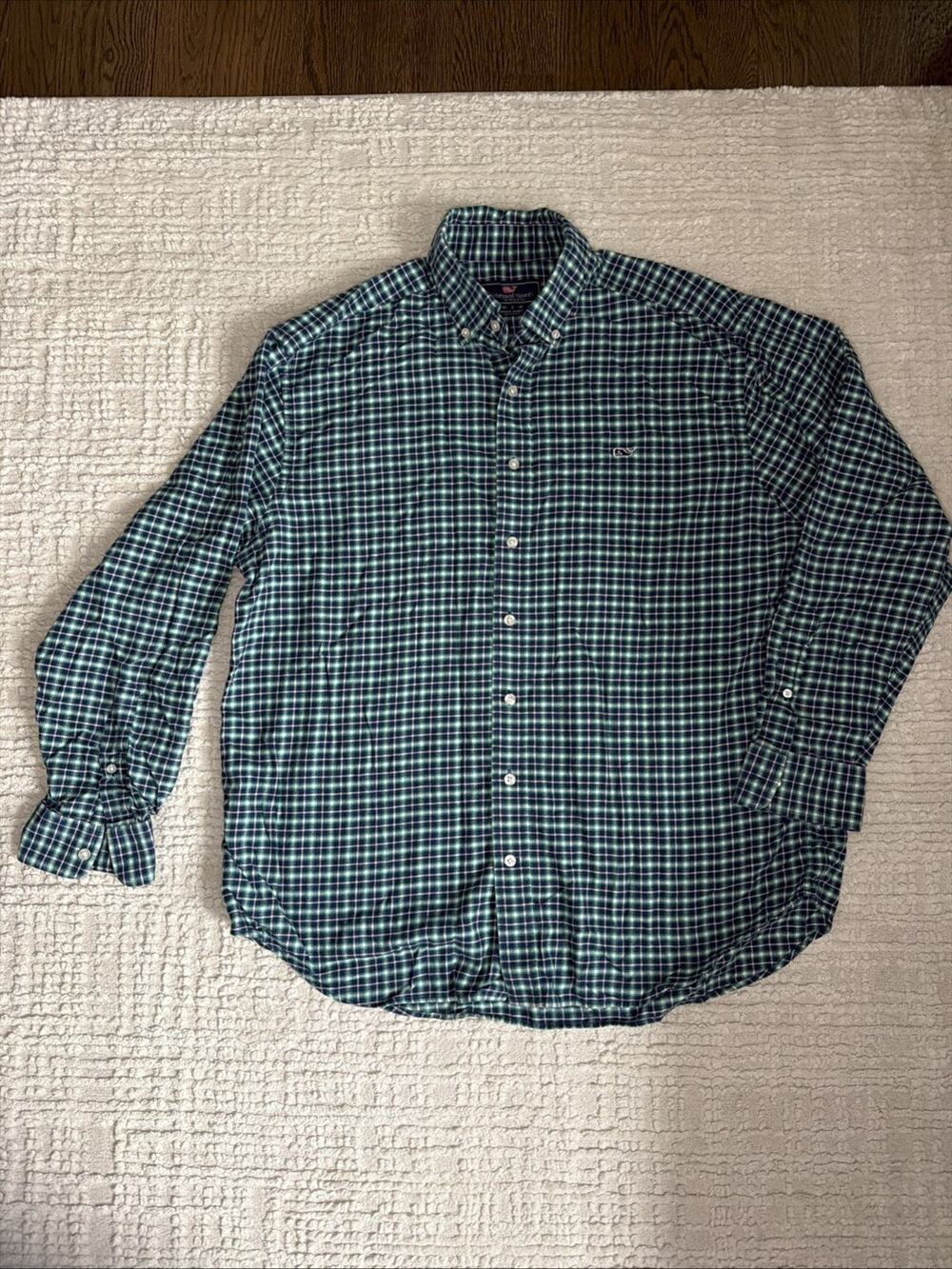 Vineyard Vines Men's Long Sleeve Button Down Whale Shirt - Green/Blue - Sz XL